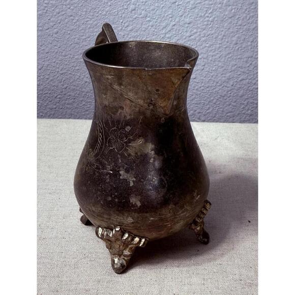 Antique Brass Hand Forged Scallop Leg Floral Etched Pattern Milk Pot Tea Pot Jug - Picture 2 of 9